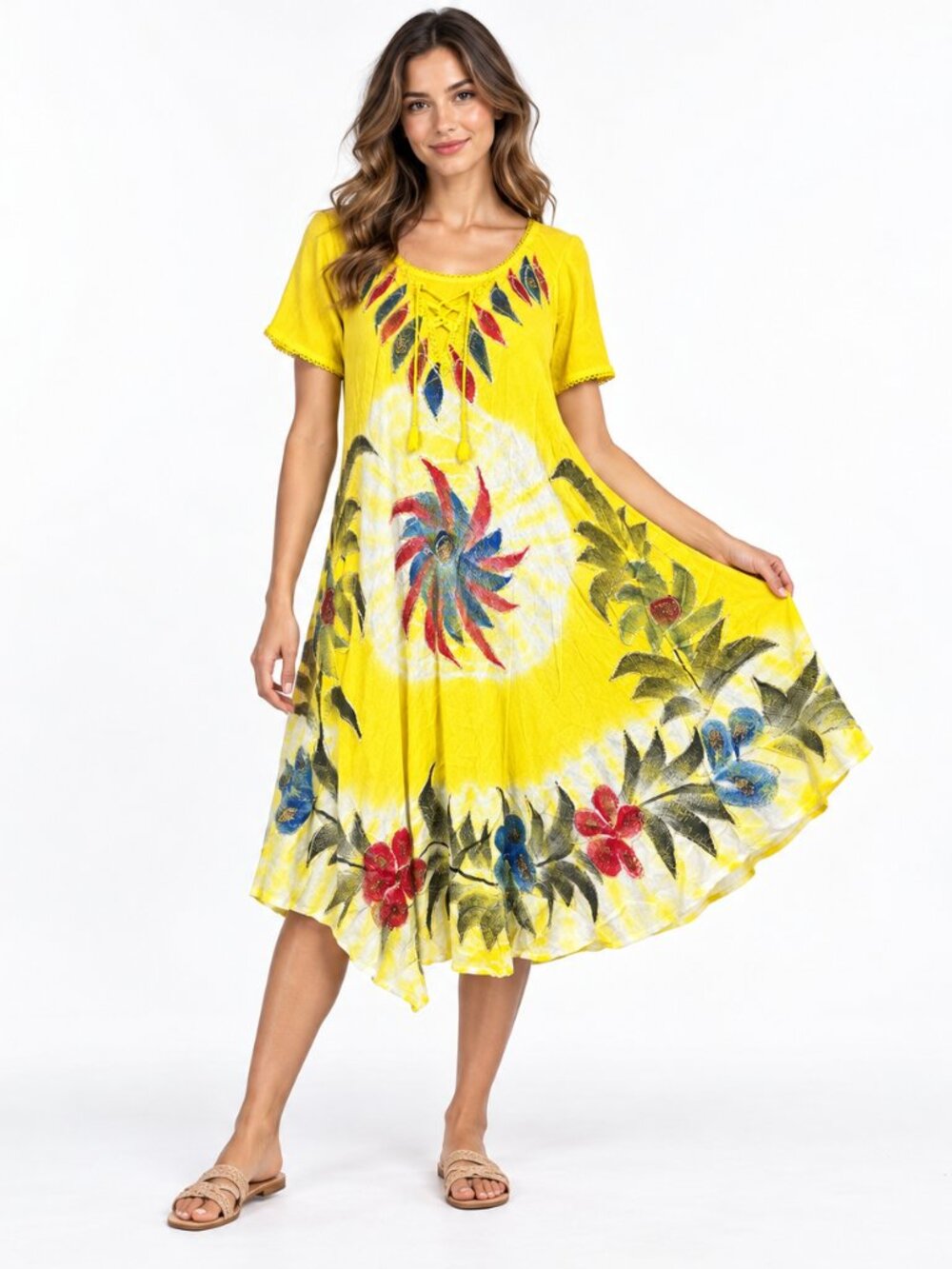 Women’s Boho Tie Dye Floral Midi Dress Embroidered Lace-Up One Size Multicolor